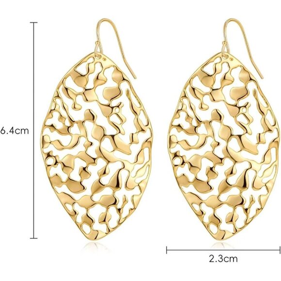 Big Gold Hollow Out Boho Geometric Hook Statement Gold Leaf Dangle Earrings - Picture 7 of 7